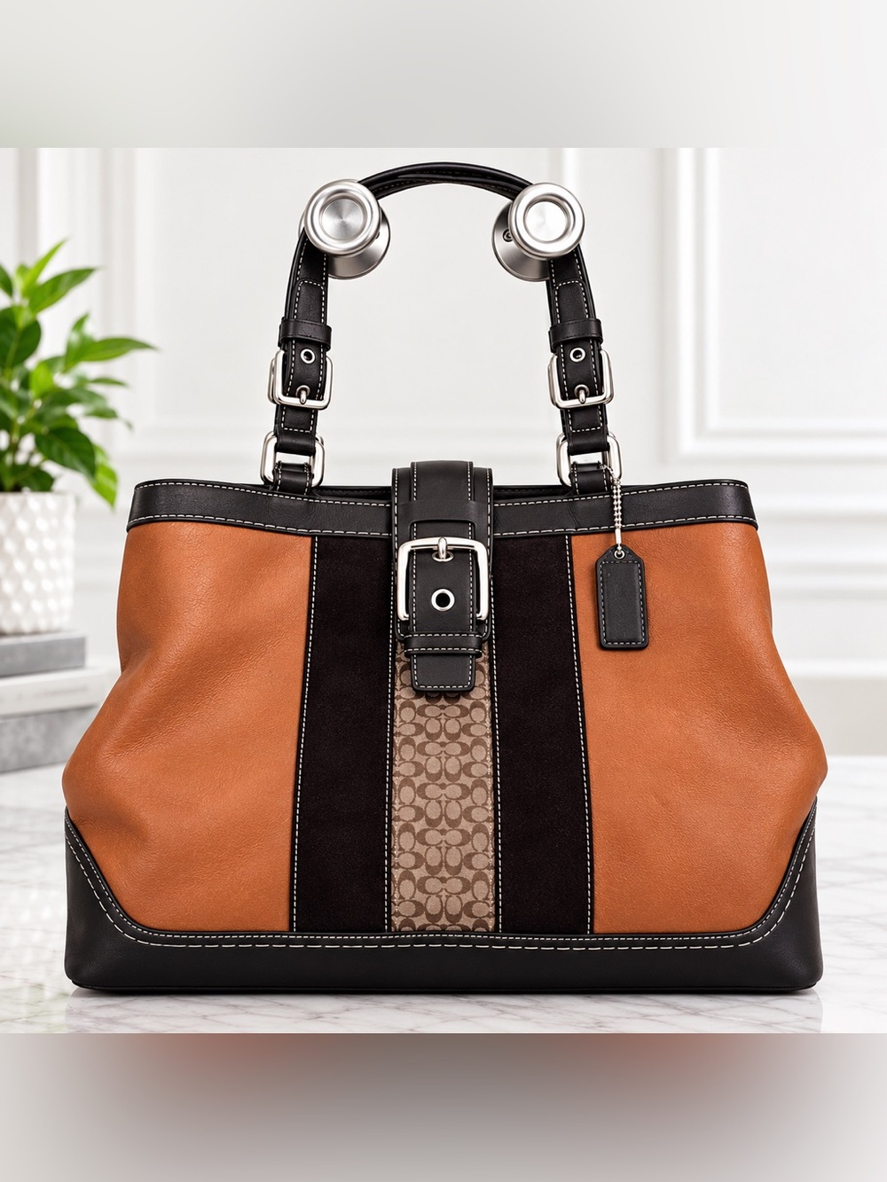 Coach Hamptons Suede and Leather Striped Carryall / Satchel in great condition